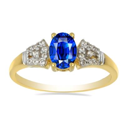 BUY 14K GOLD NATURAL BLUE SAPPHIRE GEMSTONE CLASSIC RING WITH WHITE DIAMOND